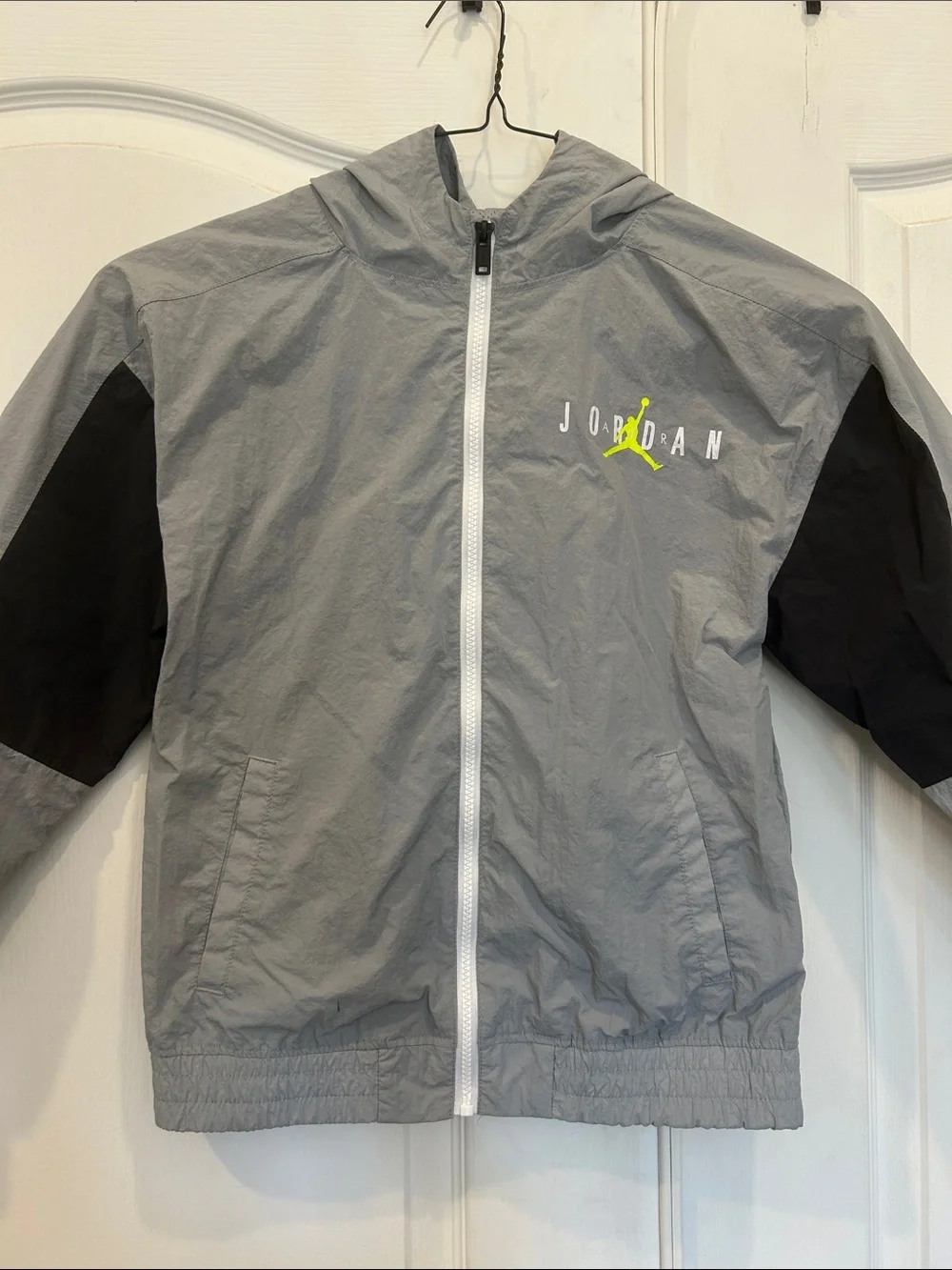 Jordan Gray and Black Hooded Windbreaker with Neon Accent